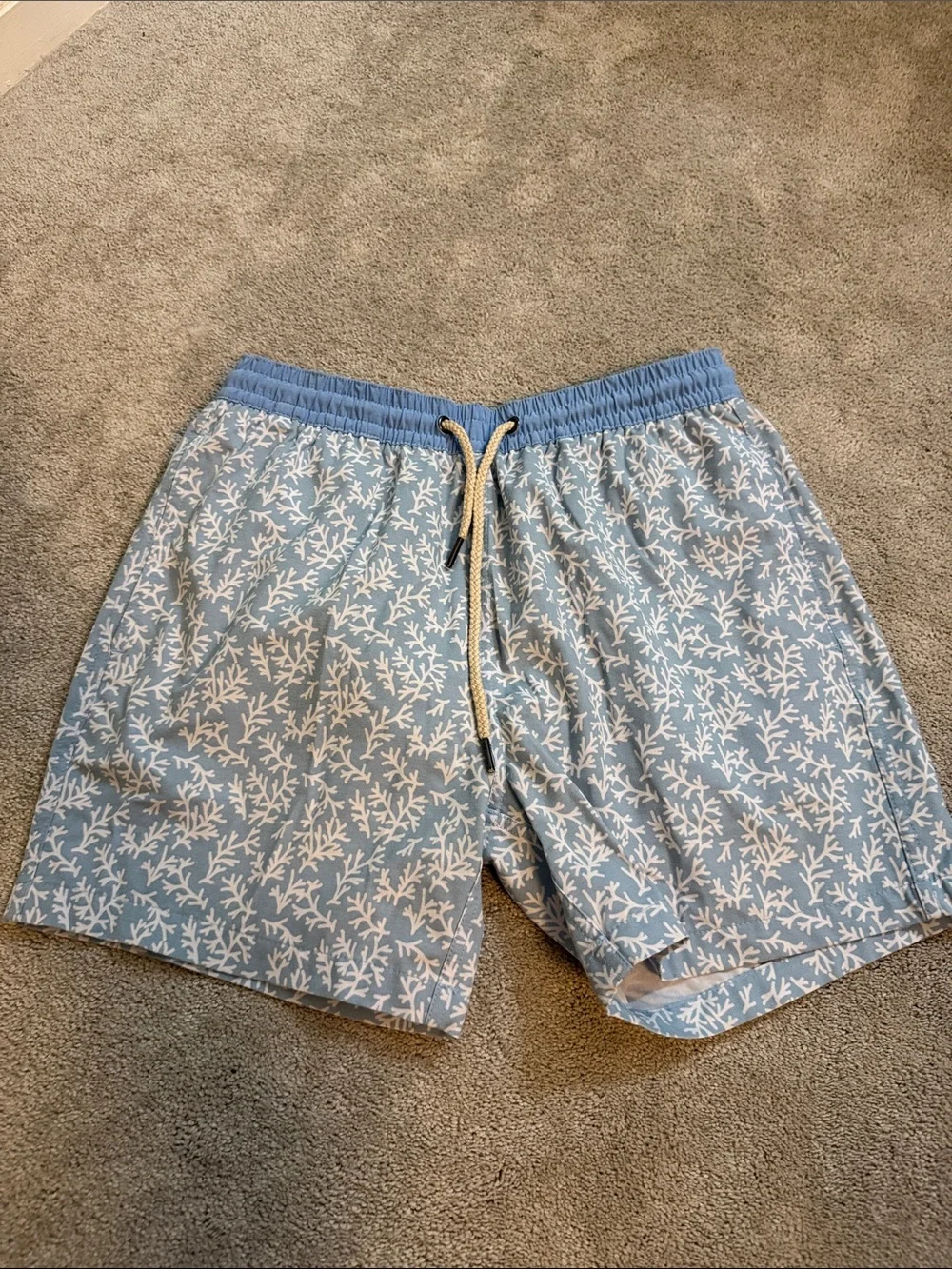 Fair Harbor Kids Light Blue Swim Trunks with White Coral Print XL